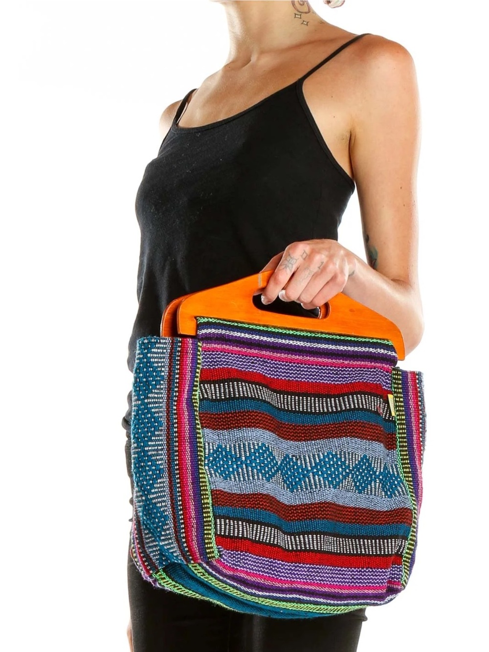 Colorful Striped Woven Tote with Orange Wooden Handle